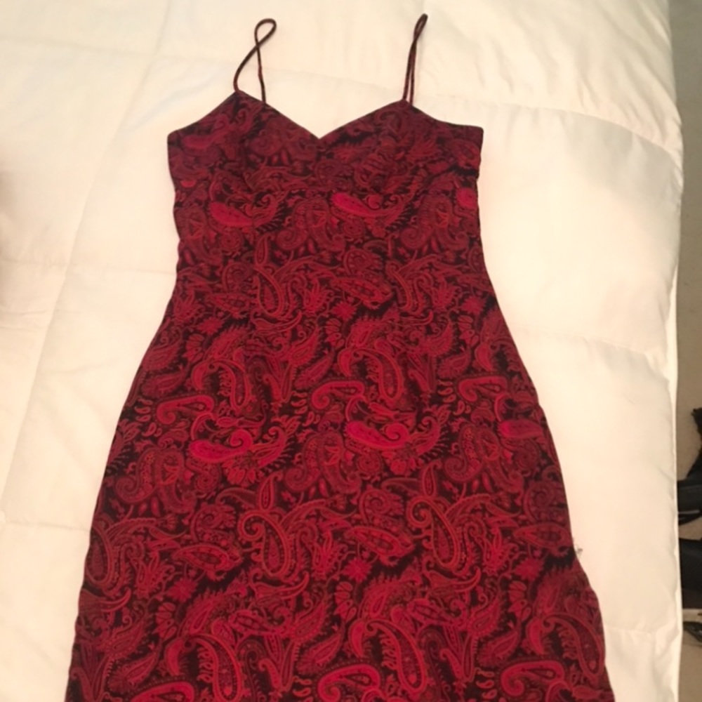 red/pink paisley dress with side slit